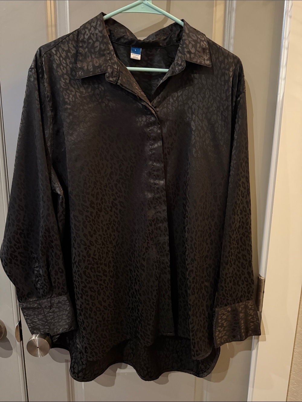 Old Navy Black Satin Leopard-Print Button-Up Blouse